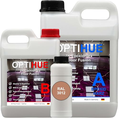 Optihue Epoxidharz Bodenbeschichtung Garagenboden 12Kg Bodenfarbe 2K Harz&Härter Garagenbeschichtung,Profi Qualität, Epoxy Gießharz geruchsarm Boden Werkstattboden (RAL 3012 Beigerot) von Optihue
