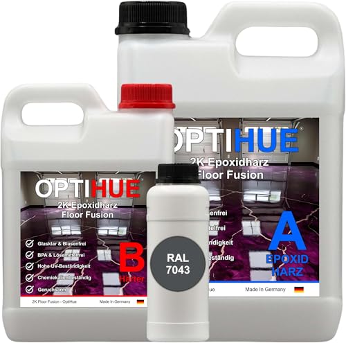 Optihue Epoxidharz Bodenbeschichtung Garagenboden 12Kg Bodenfarbe 2K Harz&Härter Garagenbeschichtung,Profi Qualität, Epoxy Gießharz geruchsarm Boden Werkstattboden (RAL 7043 Verkehrsgrau) von Optihue