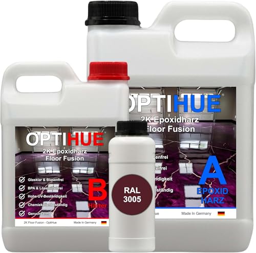 Optihue Epoxidharz Bodenbeschichtung Garagenboden 6Kg Bodenfarbe 2K Harz&Härter Garagenbeschichtung,Profi Qualität, Epoxy Gießharz geruchsarm Boden Werkstattboden (RAL 3005 Weinrot) von Optihue