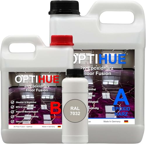 Optihue Epoxidharz Bodenbeschichtung Garagenboden 9Kg Bodenfarbe 2K Harz&Härter Garagenbeschichtung,Profi Qualität, Epoxy Gießharz geruchsarm Boden Werkstattboden (RAL 7032 Kieselgrau) von Optihue