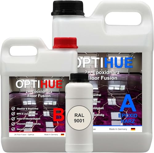 Optihue Epoxidharz Bodenbeschichtung Garagenboden 9Kg Bodenfarbe 2K Harz&Härter Garagenbeschichtung,Profi Qualität, Epoxy Gießharz geruchsarm Boden Werkstattboden (RAL 9001 Cremeweiß) von Optihue