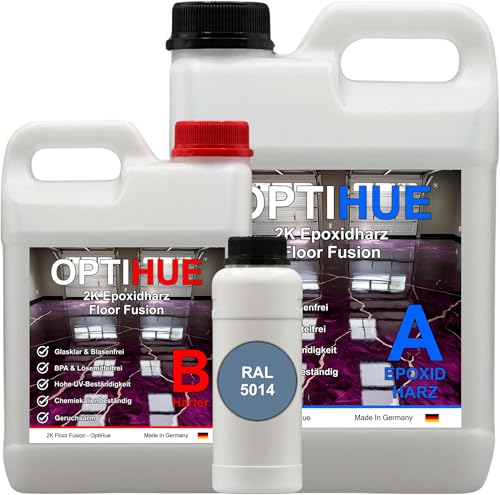 Optihue Epoxidharz Bodenbeschichtung Garagenboden Bodenfarbe 2K Harz&Härter Garagenbeschichtung,Profi Qualität, Epoxy Gießharz geruchsarm Boden Werkstattboden (RAL 5014 Taubenblau) von Optihue