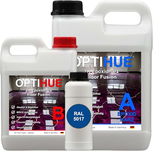 Optihue Epoxidharz Bodenbeschichtung Garagenboden Bodenfarbe 2K Harz&Härter Garagenbeschichtung,Profi Qualität, Epoxy Gießharz geruchsarm Boden Werkstattboden (RAL 5017 Verkehrsblau) von Optihue