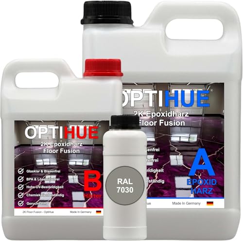 Optihue Epoxidharz Bodenbeschichtung Garagenboden Bodenfarbe 2K Harz&Härter Garagenbeschichtung,Profi Qualität, Epoxy Gießharz geruchsarm Boden Werkstattboden (RAL 7030 Steingrau) von Optihue