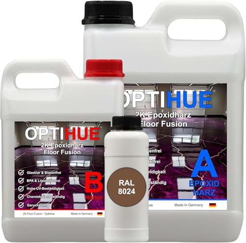 Optihue Epoxidharz Bodenbeschichtung Garagenboden Bodenfarbe 2K Harz&Härter Garagenbeschichtung,Profi Qualität, Epoxy Gießharz geruchsarm Boden Werkstattboden (RAL 8024 Beigebraun) von Optihue