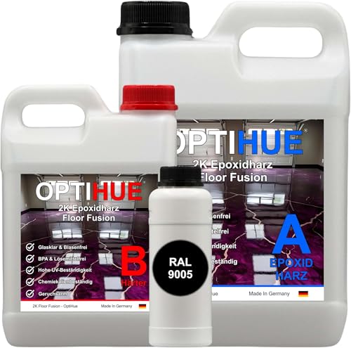 Optihue Epoxidharz Bodenbeschichtung Garagenboden Bodenfarbe 2K Harz&Härter Garagenbeschichtung,Profi Qualität, Epoxy Gießharz geruchsarm Boden Werkstattboden (RAL 9005 Tiefschwarz) von Optihue