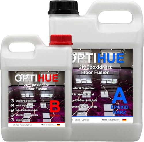 Optihue Epoxidharz Glasklar Boden Resin 3Kg für Bodenbeschichtung Bodenfarbe 2K Gießharz Garagenboden Harz & Härter in Profi Qualität Epoxy geruchsarm von Optihue