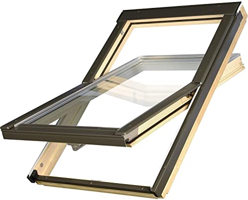 Günstige Dachfenster OptiLight B von FAKRO Konzern | Holz klar lackiert | Schwingfenster mit 2-fach Verglasung | U-Wert Fenster: 1.3 | inkl. Eindeckrahmen (114x118 cm) von Optilight