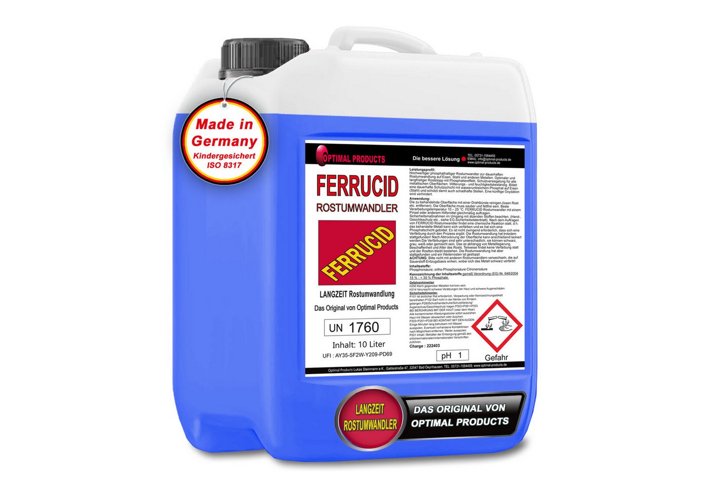 Optimal Products die bessere Lösung Ferrucid Rostumwandler Rostentferner (10 Liter Rostumwandlung, Witterungsbeständig, Korrosionsschutz, Lackierbar) von Optimal Products die bessere Lösung
