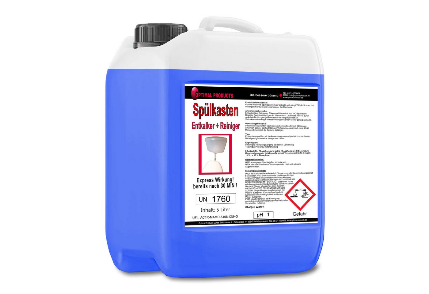 Optimal Products die bessere Lösung Spülkastenentkalker Flüssigentkalker (5 Liter Kanister Entkalkt und reinigt in einem Schritt) von Optimal Products die bessere Lösung
