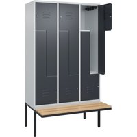 C+P Z-Spind Classic PLUS, 6 Abteile, HxBxT 2.120 x 1.200 x 815 mm, Zylinderschloss, auskragende Bank aus Buche, lichtgrau, anthrazitgrau von C+P