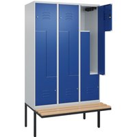 C+P Z-Spind Classic PLUS, 6 Abteile, HxBxT 2.120 x 1.200 x 815 mm, Zylinderschloss, auskragende Bank aus Buche, lichtgrau, enzianblau von C+P