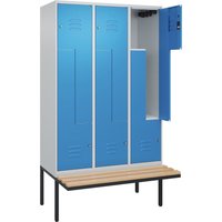 C+P Z-Spind Classic PLUS, 6 Abteile, HxBxT 2.120 x 1.200 x 815 mm, Zylinderschloss, auskragende Bank aus Buche, lichtgrau, lichtblau von C+P