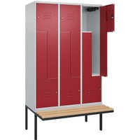 C+P Z-Spind Classic PLUS, 6 Abteile, HxBxT 2.120 x 1.200 x 815 mm, Zylinderschloss, auskragende Bank aus Buche, lichtgrau, rubinrot von C+P