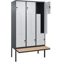 C+P Z-Spind Classic PLUS, 6 Abteile, HxBxT 2.120 x 1.200 x 815 mm, für Vorhängeschloss, auskragende Bank aus Buche, anthrazitgrau, lichtgrau von C+P