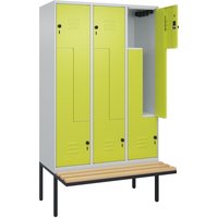 C+P Z-Spind Classic PLUS, 6 Abteile, HxBxT 2.120 x 1.200 x 815 mm, für Vorhängeschloss, auskragende Bank aus Buche, lichtgrau, clowngrün von C+P