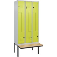 C+P Z-Spind Classic PLUS, 6 Abteile, HxBxT 2.120 x 900 x 815 mm, für Vorhängeschloss, auskragende Bank aus Buche, lichtgrau, clowngrün von C+P