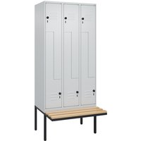C+P Z-Spind Classic PLUS, 6 Abteile, HxBxT 2.120 x 900 x 815 mm, für Vorhängeschloss, auskragende Bank aus Buche, lichtgrau, lichtgrau von C+P