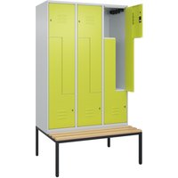 C+P Z-Spind Classic PLUS, 6 Abteile, HxBxT 2.120 x 1.200 x 815 mm, Zylinderschloss, untergebaute Bank aus Buche, lichtgrau, clowngrün von C+P