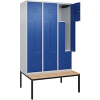 C+P Z-Spind Classic PLUS, 6 Abteile, HxBxT 2.120 x 1.200 x 815 mm, Zylinderschloss, untergebaute Bank aus Buche, lichtgrau, enzianblau von C+P