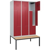 C+P Z-Spind Classic PLUS, 6 Abteile, HxBxT 2.120 x 1.200 x 815 mm, Zylinderschloss, untergebaute Bank aus Buche, lichtgrau, rubinrot von C+P