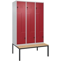 C+P Z-Spind Classic PLUS, 6 Abteile, HxBxT 2.120 x 1.200 x 815 mm, für Vorhängeschloss, untergebaute Bank aus Buche, lichtgrau, rubinrot von C+P