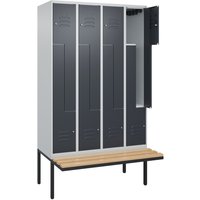 C+P Z-Spind Classic PLUS, 8 Abteile, HxBxT 2.120 x 1.200 x 815 mm, Zylinderschloss, auskragende Bank aus Buche, lichtgrau, anthrazitgrau von C+P
