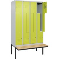 C+P Z-Spind Classic PLUS, 8 Abteile, HxBxT 2.120 x 1.200 x 815 mm, Zylinderschloss, auskragende Bank aus Buche, lichtgrau, clowngrün von C+P