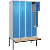 C+P Z-Spind Classic PLUS, 8 Abteile, HxBxT 2.120 x 1.200 x 815 mm, Zylinderschloss, auskragende Bank aus Buche, lichtgrau, lichtblau von C+P