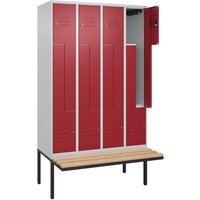 C+P Z-Spind Classic PLUS, 8 Abteile, HxBxT 2.120 x 1.200 x 815 mm, Zylinderschloss, auskragende Bank aus Buche, lichtgrau, rubinrot von C+P