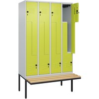 C+P Z-Spind Classic PLUS, 8 Abteile, HxBxT 2.120 x 1.200 x 815 mm, für Vorhängeschloss, auskragende Bank aus Buche, lichtgrau, clowngrün von C+P