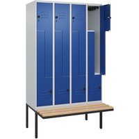 C+P Z-Spind Classic PLUS, 8 Abteile, HxBxT 2.120 x 1.200 x 815 mm, für Vorhängeschloss, auskragende Bank aus Buche, lichtgrau, enzianblau von C+P
