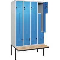 C+P Z-Spind Classic PLUS, 8 Abteile, HxBxT 2.120 x 1.200 x 815 mm, für Vorhängeschloss, auskragende Bank aus Buche, lichtgrau, lichtblau von C+P