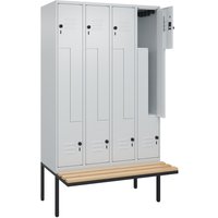C+P Z-Spind Classic PLUS, 8 Abteile, HxBxT 2.120 x 1.200 x 815 mm, für Vorhängeschloss, auskragende Bank aus Buche, lichtgrau, lichtgrau von C+P