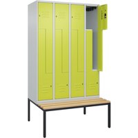 C+P Z-Spind Classic PLUS, 8 Abteile, HxBxT 2.120 x 1.200 x 815 mm, Zylinderschloss, untergebaute Bank aus Buche, lichtgrau, clowngrün von C+P