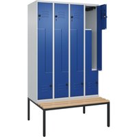 C+P Z-Spind Classic PLUS, 8 Abteile, HxBxT 2.120 x 1.200 x 815 mm, für Vorhängeschloss, untergebaute Bank aus Buche, lichtgrau, enzianblau von C+P