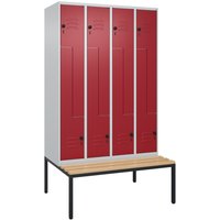 C+P Z-Spind Classic PLUS, 8 Abteile, HxBxT 2.120 x 1.200 x 815 mm, für Vorhängeschloss, untergebaute Bank aus Buche, lichtgrau, rubinrot von C+P