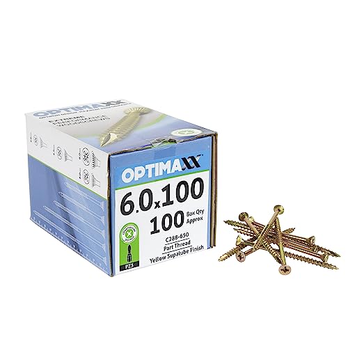 OPTIMAXX Holzschrauben – 6,0 x 100 mm – Box mit 100 Stück – selbstversenkender Kopf – doppelt verstärkter Kragen – rasiermesserscharfe Spitze von Optimaxx