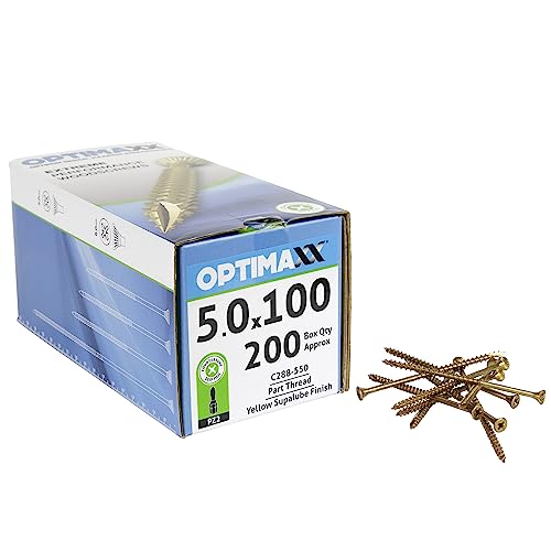 OPTIMAXX Holzschrauben – 5,0 x 100 mm – Box mit 200 Stück – selbstversenkender Kopf – doppelt verstärkter Kragen – rasiermesserscharfe Spitze von Optimaxx