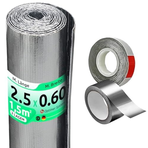 ISOLIERFOLIE FÜR RADIATOR | Reduziert Kälte und Wärme | 100% ALUMINIUM | Wärmedämmfolie für Fenster, Wand, Boden, Decke, Auto, Garage, Camper, Klimaanlage [0,60 x 2,5 m] | 3 m²+ 2 Isolierbänder von Optimer System