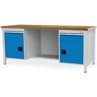 Bedrunka+Hirth Werkbank R 18-24, HxBxT 859 x 2.000 x 750 mm, lichtgrau, lichtblau, 2 Schubladen 2x150 mm, 2 Flügeltüren 2x450 mm von Bedrunka+Hirth