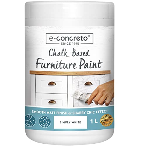 e-concreto Möbelkreidefarbe Weiß 1L mit Rührer | Holzfarbe für Shabby Chic Look | Möbelfarbe einfach zu verarbeiten | Möbellack auf Wasserbasis | Kreidefarbe Weiß | schnelltrocknend von e-concreto