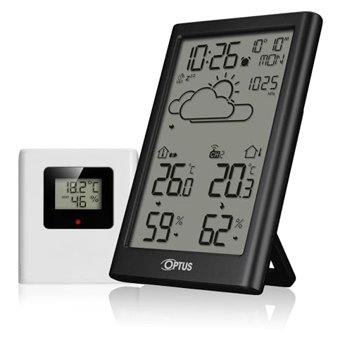 Optus Funkwetterstation mit Außensensor, DCF-Uhr, Frostwarnung, Anzeige von Temperatur und Luftfeuchtigkeit innen und außen, schwarz Optus Funkwetterstation mit Außensensor, DCF-Uhr, Frostwarnung, Anzeige von Temperatur und Luftfeuchtigkeit innen und außen, schwarz von Optus