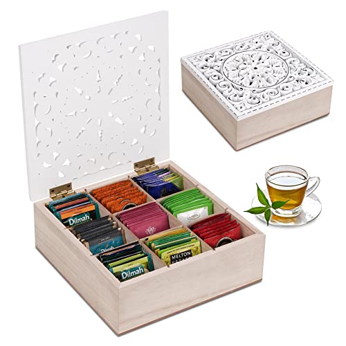 Optyuwah Teebox,Teekasten aus Holz mit 9 Fächern Teebeutelbox mit Aushöhlen Deckel samt Sichtluke Teekiste für Teebeutel Zucker Kaffeekapsel Aufbewahrungsbox Weiß von Optyuwah
