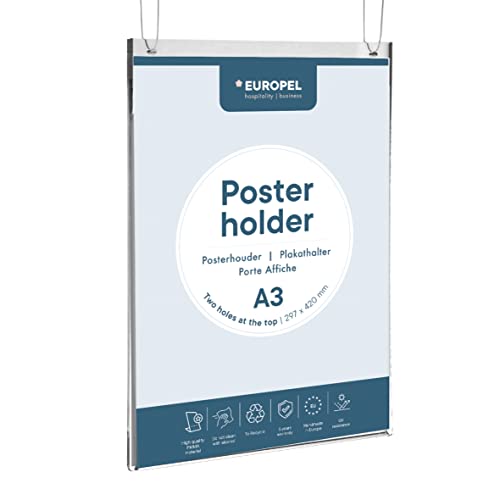EUROPEL Posterhalter zum Aufhängen, Doppelseitiges Display für DIN A3, Hoch, Acryl glasklar, mit 2 Löcher von Europel