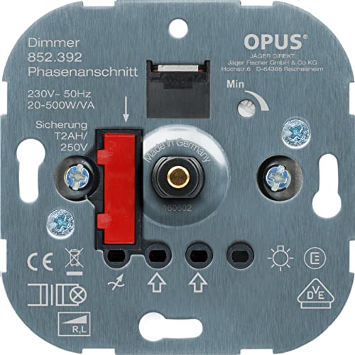 OPUS 852.092 Dreh-NV-Halogenlampen-Dimmer Ausführung mit Schraubklemmen, Metallwelle, Watt 20-500 VA, Silber von Opus