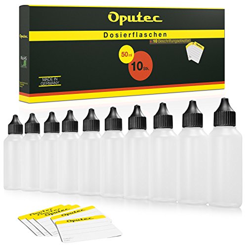 Oputec 50 x 50 ml Liquid-Flaschen mit Tröpfler | Spar-Paket | Lebensmittelecht | Weiche PE Kunststoff-Flaschen Set | Leere Liquid-Behälter, Plastik-Flaschen | inkl. 50 Beschriftungsetiketten von Oputec