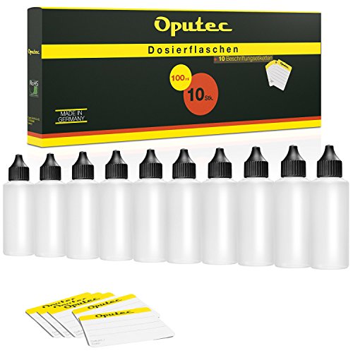 Oputec 10 x 100 ml Liquid-Flaschen mit Tröpfler: Lebensmittelechte, weiche PE Kunststoff-Flaschen selber befüllen, Dropper Bottles, Plastik-Flaschen, Tropfflaschen + 10 Beschriftungs-Etiketten von Oputec