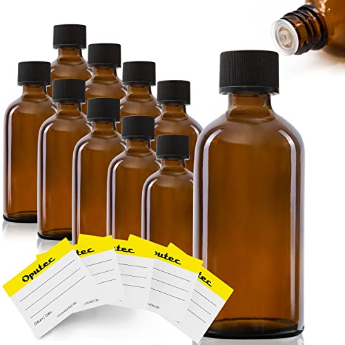 Oputec 10 x 100 ml Tropfflaschen aus Glas + 10 Beschriftungs-Etiketten - Braune Apothekerflaschen mit Tröpfler - Kleine Glasflaschen mit Schraubverschluss von Oputec