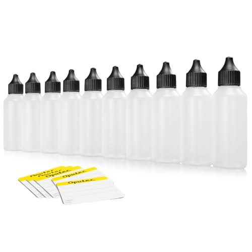 Oputec 10 x 50 ml Liquid-Flaschen mit Tröpfler: Lebensmittelechte weiche PE Kunststoff-Flaschen selber befüllen, Plastik-Flaschen, Tropfflaschen + 10 Beschriftungs-Etiketten von Oputec